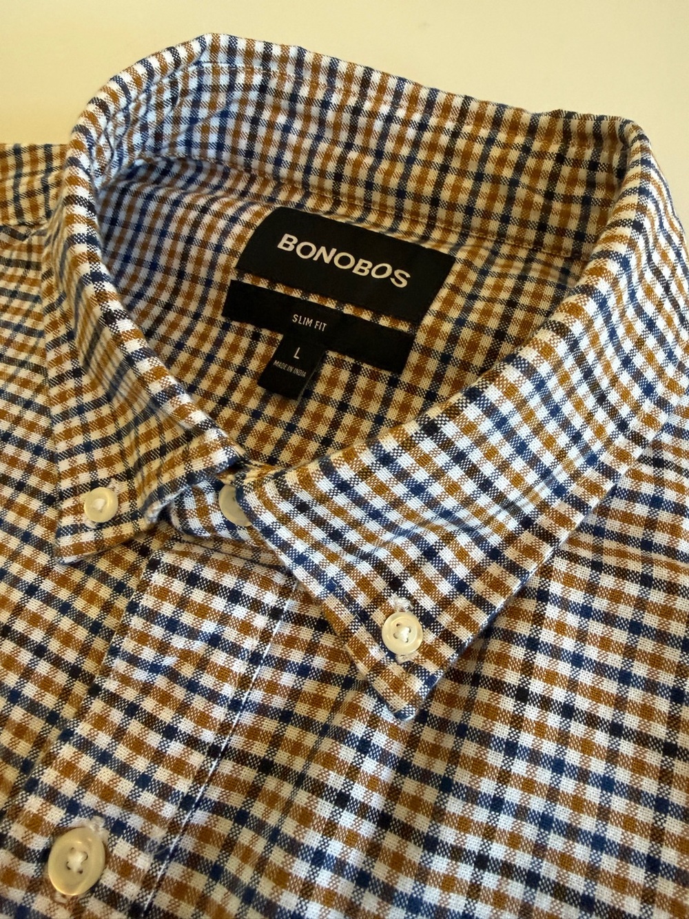 Bonobos Men’s Slim Fit Button-Down Shirt – Large – Brown Navy Gingham Check